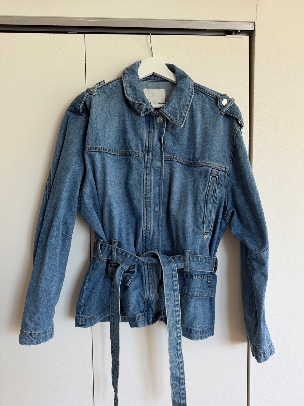 Zara Medium Blue Denim Jacket with Waist Tie